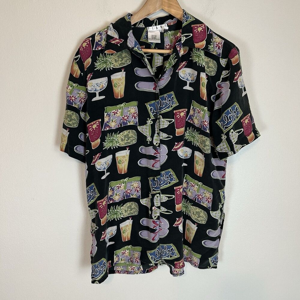 Vintage Piano Shirt Women’s M Multicolor Silk Cocktail Print 1990s Cocktail